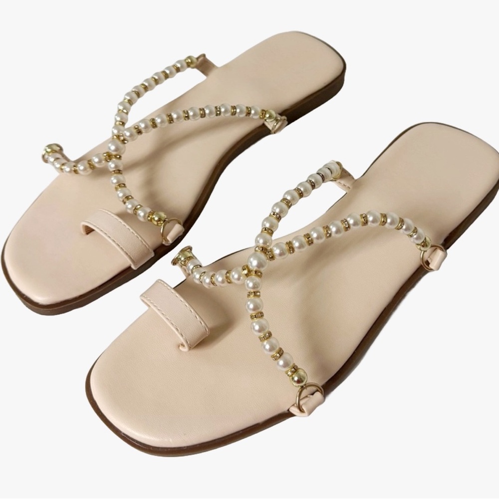 Pearl Crystal Embellished Flat Slides Sandals Cushion Comfort EU 39 | 8.5 US
